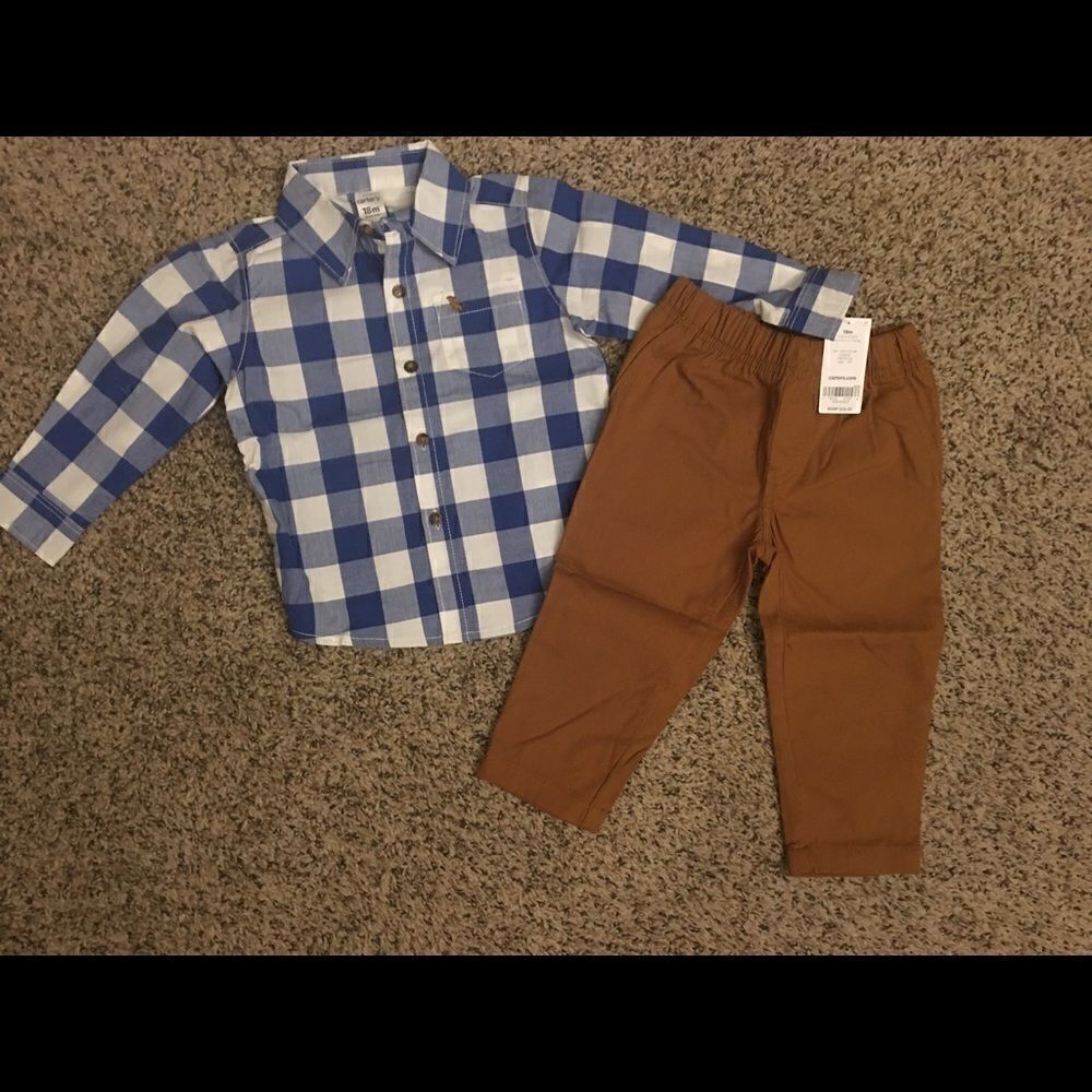 Carter’s preppy polo outfit pants and button down shirt blue checkered